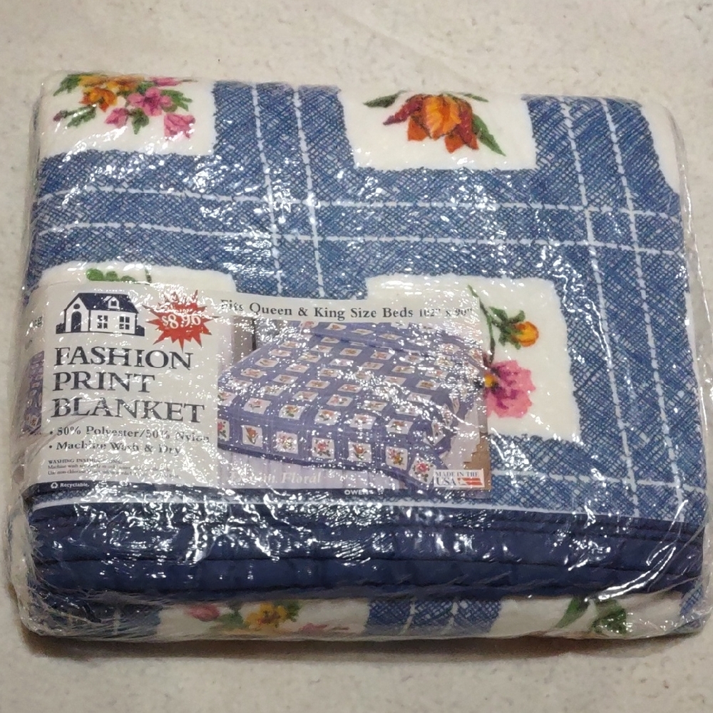 Floral Blue and White Blanket -- Queen/King